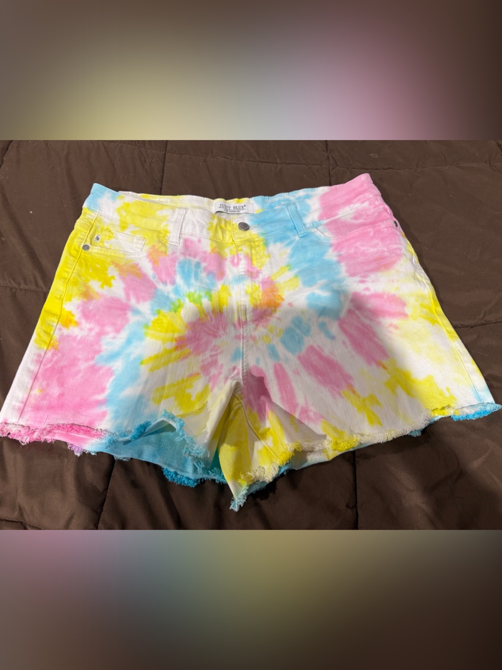 Judy Blue Pastel Tie-Dye High-Rise Frayed Denim Shorts - Pink, Blue, Yellow